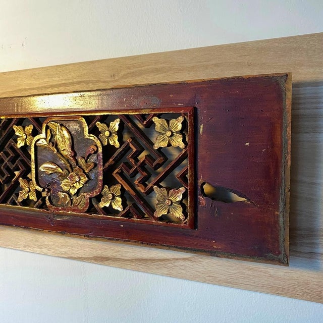 Linen Sculptural Wall Object – Antique Chinese Giltwood Openwork Floral Panels, Pair For Sale - Image 8 of 13