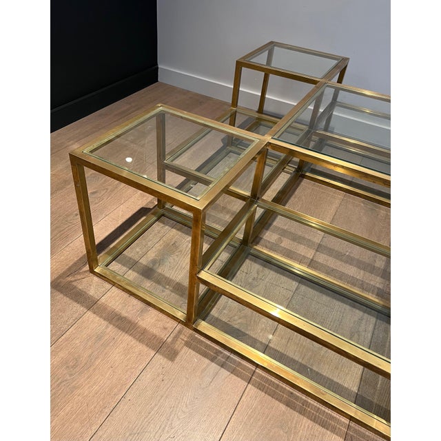 Brass Large, multi-tiered brass coffee table. French work. Circa 1970 For Sale - Image 8 of 12