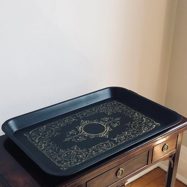 Victorian Late 20th Century Black & Gold Tole Tray For Sale - Image 3 of 11