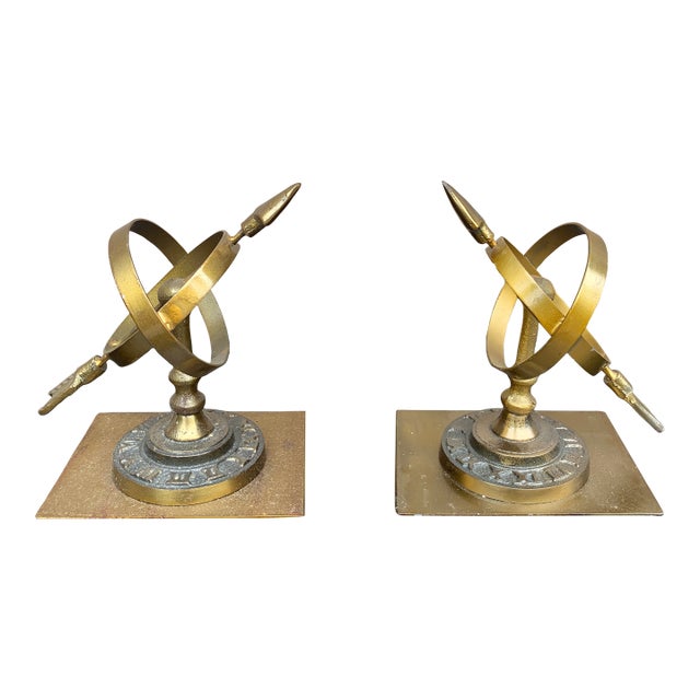 1980s Neoclassical Cast Brass Celestial Armillary Sundial Bookends, Pair For Sale