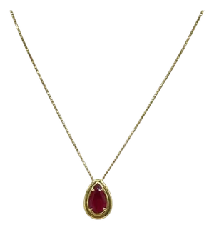 2.5 Carat Ruby Pear Shape Bezel Necklace in 18k Yellow Gold