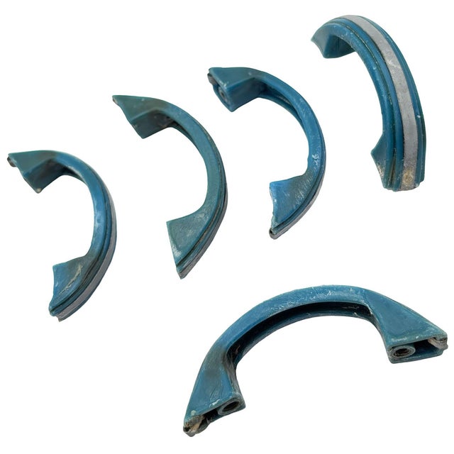 Set of 5 Sky Blue bakelite drawer/door pull knobs each with a chrome strip down the center. Complete your period kitchen...