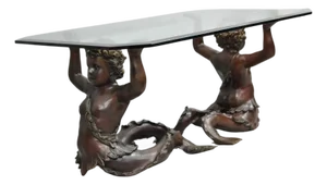Vintage French Neoclassical Figural Bronze Merman Mermaid Glass Top Coffee Table