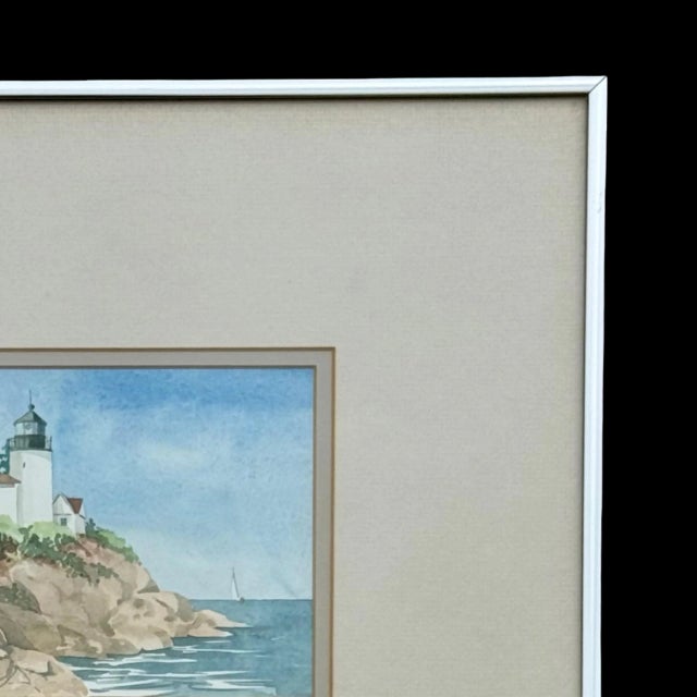 Metal Vintage Coastal Watercolor Bass Harbor Maine Lighthouse Painting - Signed “Sabaka” For Sale - Image 7 of 10
