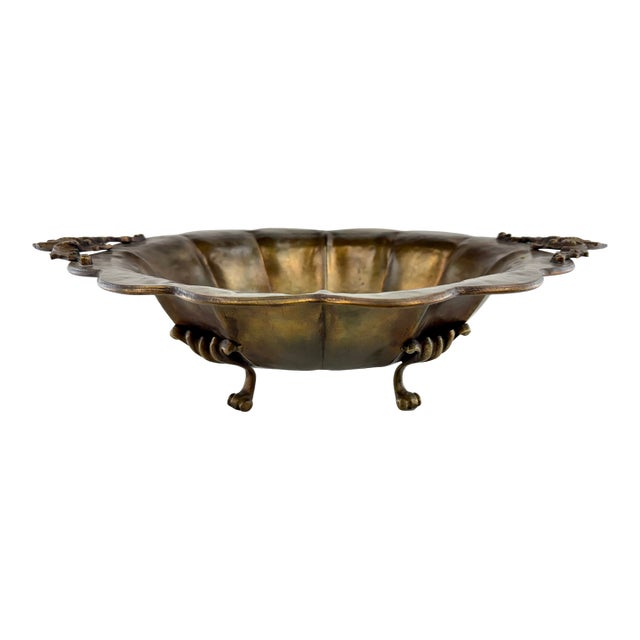 Vintage Hammered Brass Footed Bowl With Claw Feet & Handles – Hollywood Regency Centerpiece For Sale
