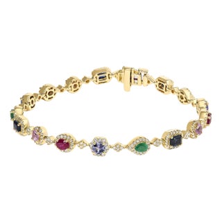 14K Yellow Gold Multi-Gemstone and Diamond Halo Rainbow Link Bracelet For Sale