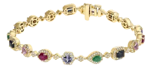 14K Yellow Gold Multi-Gemstone and Diamond Halo Rainbow Link Bracelet