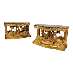 Pair of French Wood Carved Dolphin Console Tables, Pier Tables, Giltwood