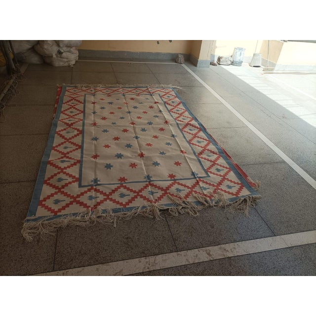 Handwoven Cotton Area Rug Vegetable Dyed Sky Blue, Cream and Terracotta Star Patterned Dhurrie - 6'x9' For Sale - Image 10 of 13