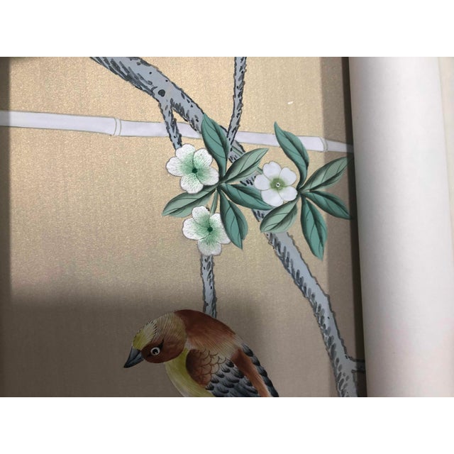 Chinoiserie Hand‑Painted Wall Panels, Set of 3, Birds Blossom & Bamboo Mural For Sale - Image 4 of 4