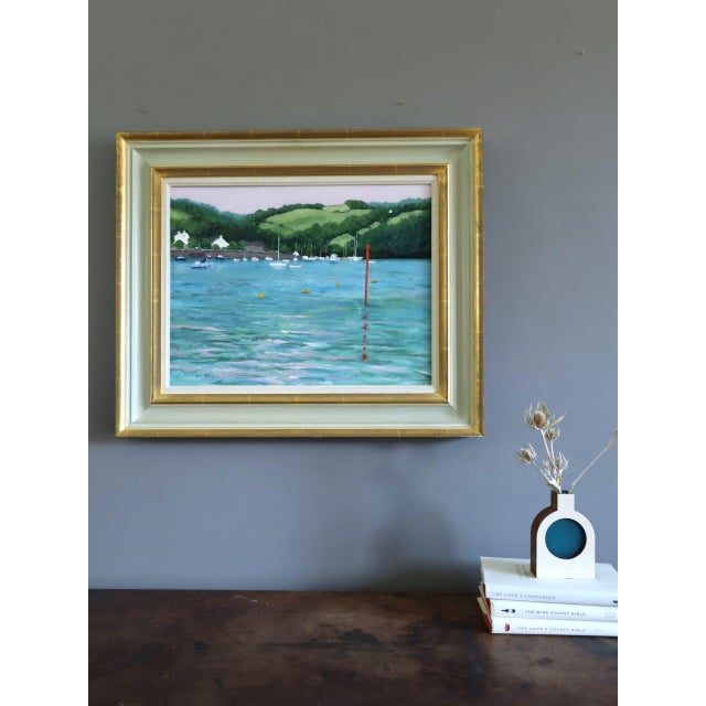 Mid-Century Modern Modernist 'Dittisham From the Dart' Original Vintage Coastal Landscape Oil Painting, Framed For Sale - Image 3 of 12