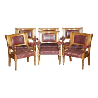 Large Leather & Golden Oak Armchairs, Set of 6 For Sale