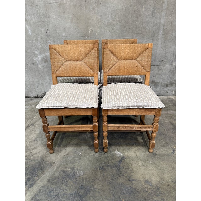 Vintage French Rush Seat Back Oak Dining Chairs Set of Four Bleached Farmhouse For Sale In San Francisco - Image 6 of 17