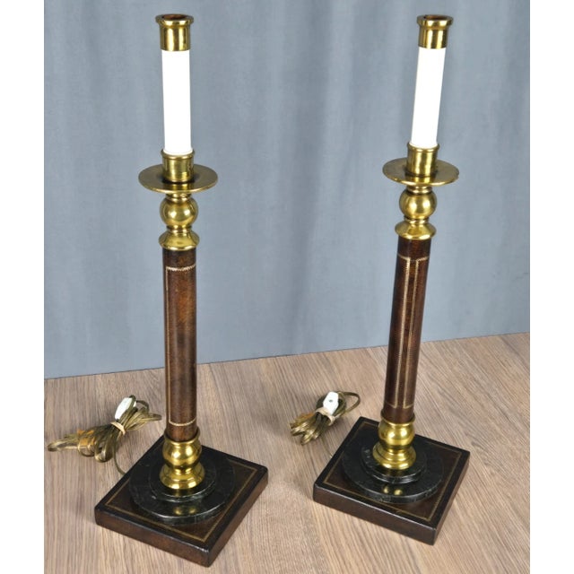 1990s 1990s Brass Marble Leather Wrapped Candlestick Table Lamps, Maitland Smith Style - a Pair For Sale - Image 5 of 16