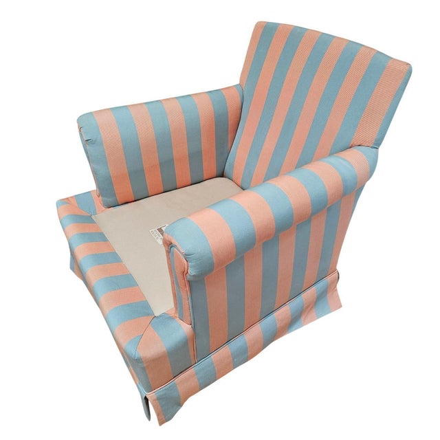Vintage Lee Industries Swivel Armchair Rocker Striped Rolled Arm Chair MCM Blue For Sale - Image 12 of 14