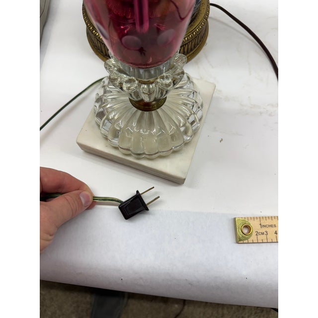 Vintage Cranberry Cut-to-Clear Glass Table Lamp on Marble Base For Sale - Image 9 of 10