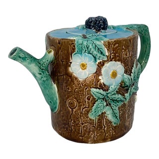 Holdcroft Majolica Blackberry on Tree Trunk Teapot, Turquoise Blue Cover C. 1877 For Sale