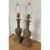 Vintage pair of carved wood baluster style lamps with original custom lamp shades by Aidan Gray. The lamps have a warm,...