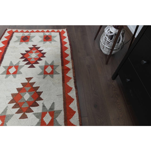 1970s 1970s Vintage Handmade Wool Cotton Beige Orange Runner Rug For Sale - Image 5 of 11
