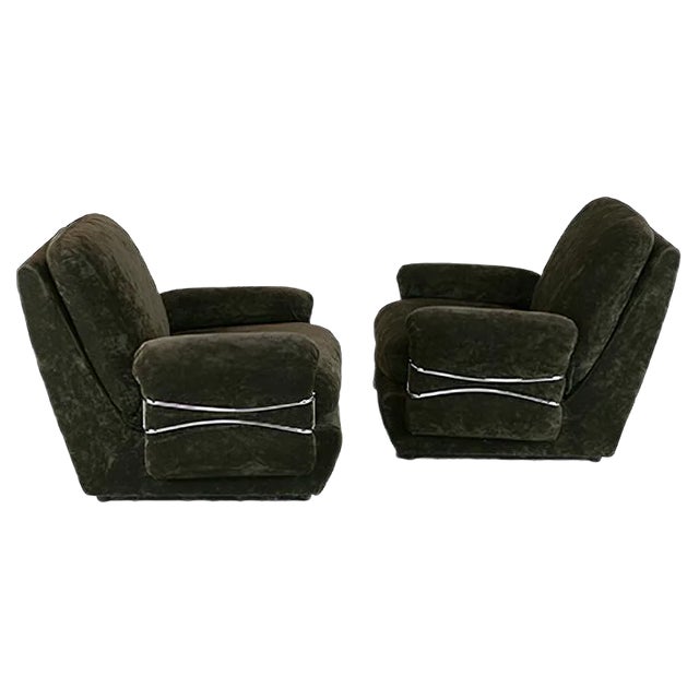 Set of Space Age Armchairs in Brown Velvet and Steel, France, 1970s For Sale