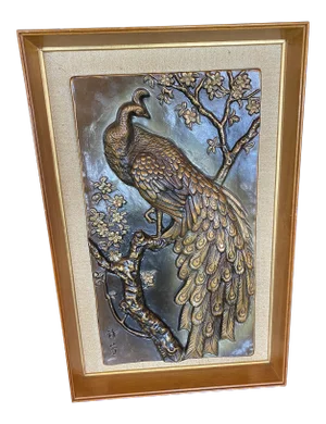 Mid 20th Century Embossed Copper Print of a Peacock, Framed