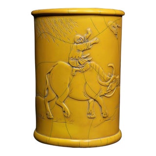Vintage Chinese Faux Ivory "Boy on Buffalo" Carved Brush Pot - 530g For Sale