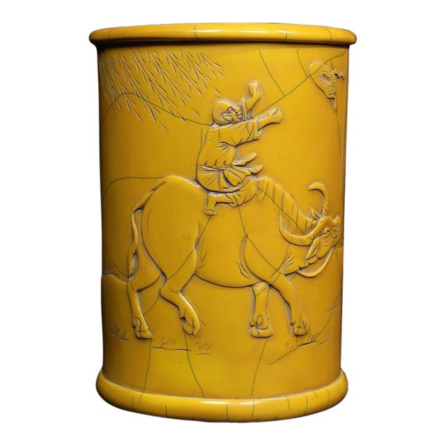Vintage Chinese Faux Ivory "Boy on Buffalo" Carved Brush Pot - 530g For Sale