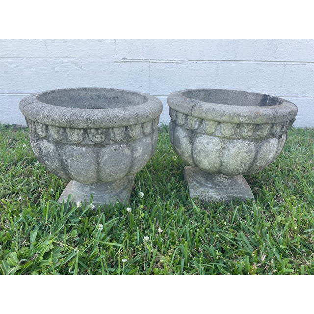 A charming pair of mid-century cast stone garden urns, rescued from the same historic Charlotte estate as our Neoclassical...