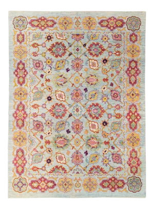 Modern Oushak Handmade Geometric Floral Blue Oversize Wool Rug