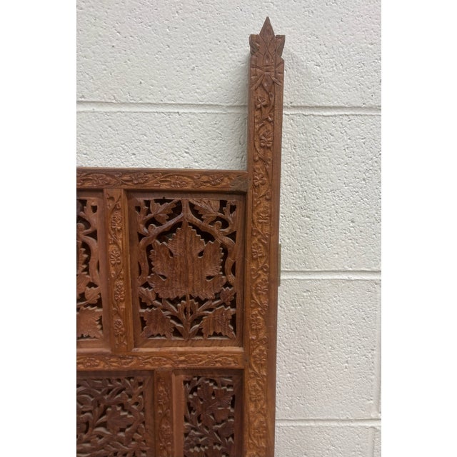 Late 20th Century Vintage Hand Carved Two Panel Teak Room Divider Folding Screen For Sale - Image 5 of 14