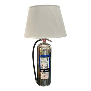 Chrome Repurposed Fire Extinguisher Lamp With Custom White Flare Shade For Sale
