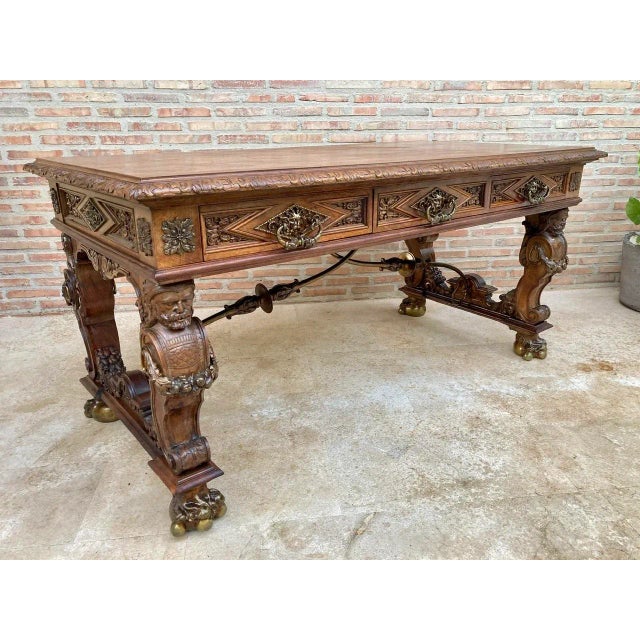 Renaissance Carved Walnut Desk with Three Drawers and Bronze Mounts, 1860s For Sale - Image 11 of 18