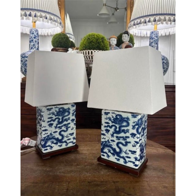 The most iconic and perfect pair of Ralph Lauren blue and white dragon lamps in perfect condition. Beautiful shades of...