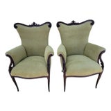 Pair 1940s Victorian Style Mahogany Fireside Chairs Refurbished New Upholstery For Sale