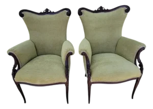 Pair 1940s Victorian Style Mahogany Fireside Chairs Refurbished New Upholstery