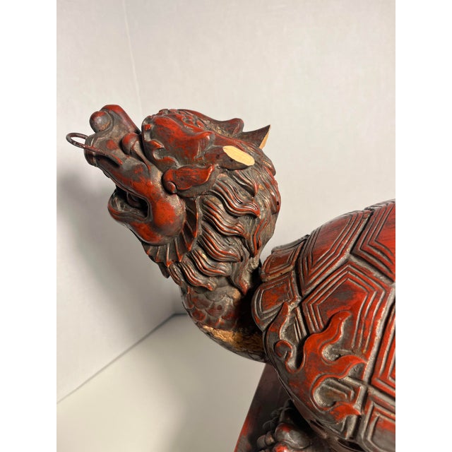Brick Red Pair of Late 19th Century Hand Carved Wood Antique Chinese Longgui Dragons Aka Dragon Turtles For Sale - Image 8 of 12