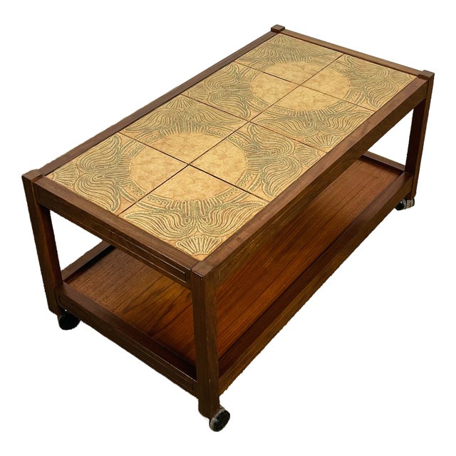 Vintage Teak and Ceramic Coffee Table on Casters, 1960s For Sale