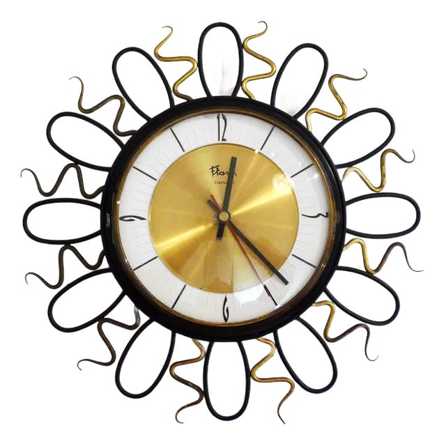 Wall Clock with Black and Gold Wrought Iron Decor, 1960s For Sale