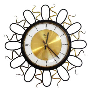 Wall Clock with Black and Gold Wrought Iron Decor, 1960s