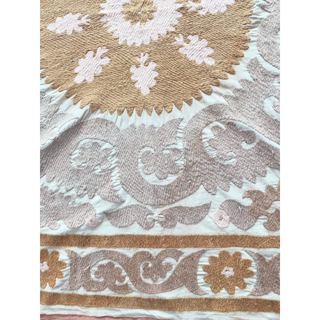 Mid-Century Modern Neutral Tan Asian Suzani Tribal Textile For Sale - Image 3 of 7