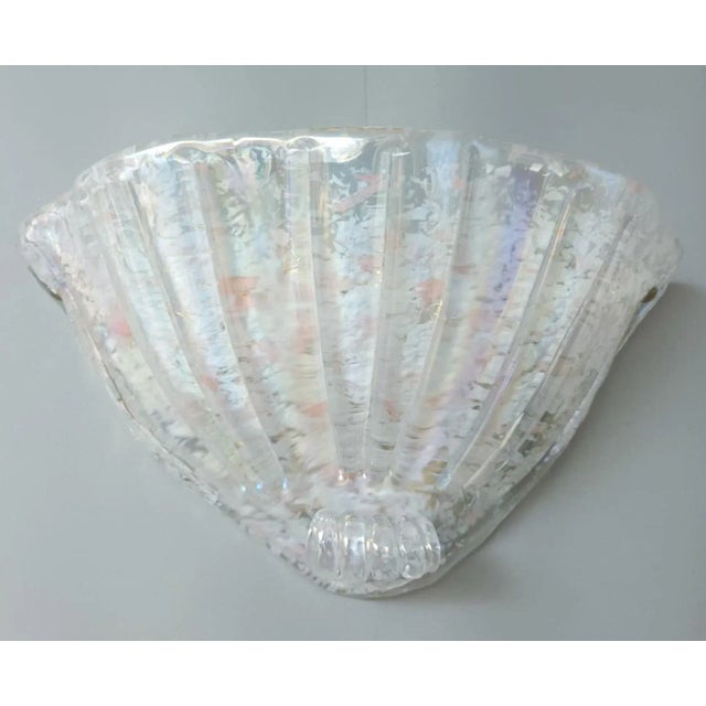 Vintage Italian uplight sconces with hand blown iridescent shell shaped Murano glass diffusers mounted on brass frames /...
