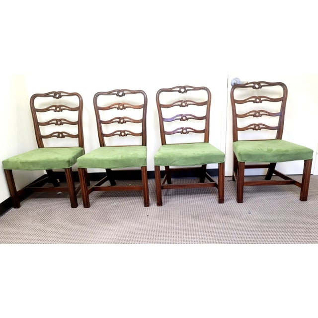 19th C. Georgian Set of 4 Pierced Ladder Back and Suede Leather Upholstered Dining Chairs For Sale - Image 11 of 11