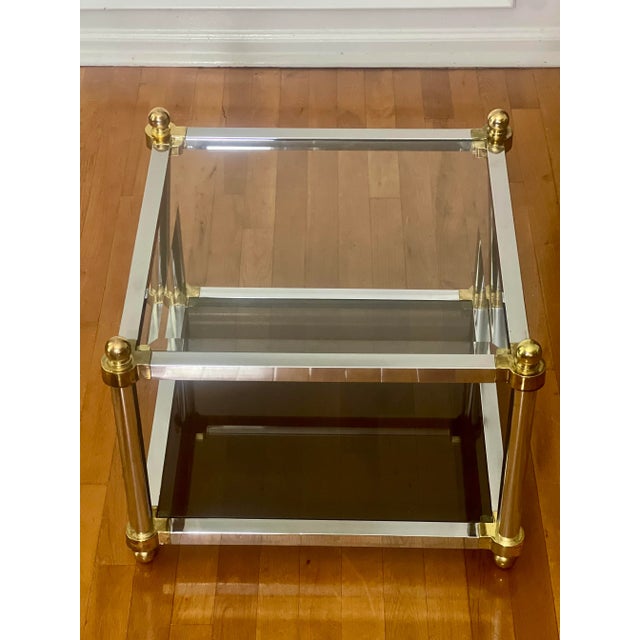 Mid Century Maison Jansen Style Two Tier Brass and Chrome Glass Square Tables, Pair For Sale - Image 9 of 12