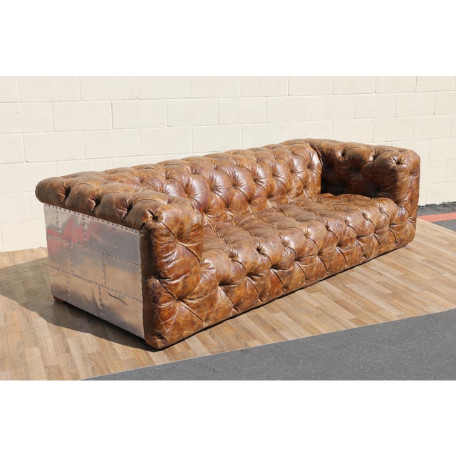 Industrial Aviator Chesterfield Sofa in Distressed Brown Leather & Riveted Aluminum Panels For Sale In Los Angeles - Image 6 of 18