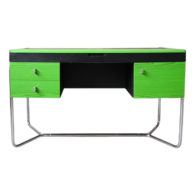 Bauhaus Desk in Green and Black Wood and Chrome Metal, 1980s For Sale