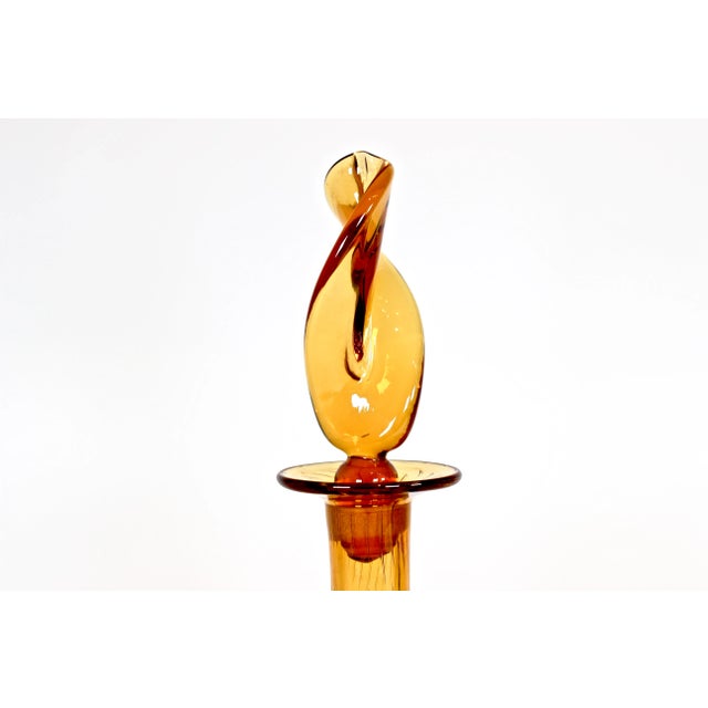 1960s 1960's Amber Hand Blown Controlled Bubble Glass Decanter With Flame Twist Stopper For Sale - Image 5 of 9