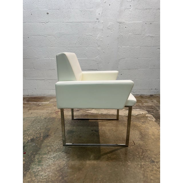 Modern Pair of Brueton White Naugahyde and Chrome Frame Dining Arm Chairs - Twelve Available For Sale - Image 3 of 11