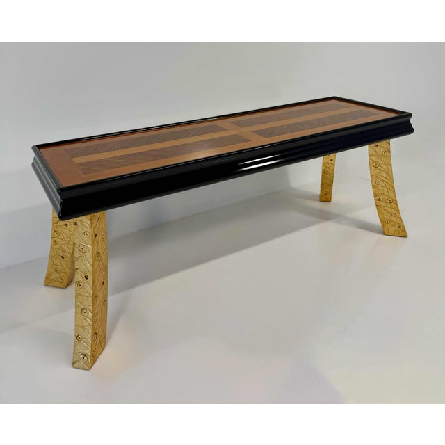 Italian Art Deco Bench with Zebrawood and Cherrywood Inlays and Gold Leaf Legs, 1980s For Sale - Image 4 of 13