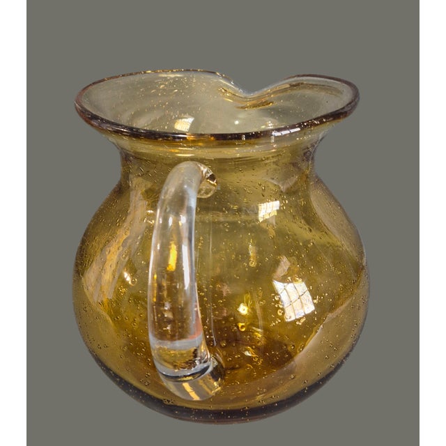 Mid-Century Modern Vintage Amber Hand Blown Art Glass Controlled Bubble Pitcher For Sale - Image 3 of 9