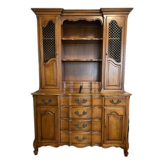 Rare Two Piece Mid-Century Vintage Queen Anne Mahogany Hutch With Green Leather Gold Embossed Desk and China Cabinet Features For Sale